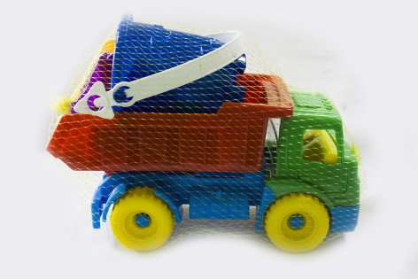 Машинка іграшкова Геркулес-Самоскид + набір (лопатка, граблі (20 см) і 4 паски, відро) Яблуків