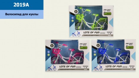 Велосипед для ляльки 3 кольори, металевий з платиковими елементами, 19.5*6*13 см, у коробці 22*7,5*16 см