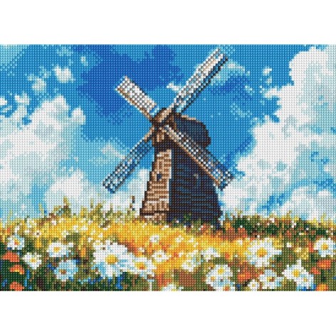 Алмазная мозаика "Мельница посеред поля" 30x40см
