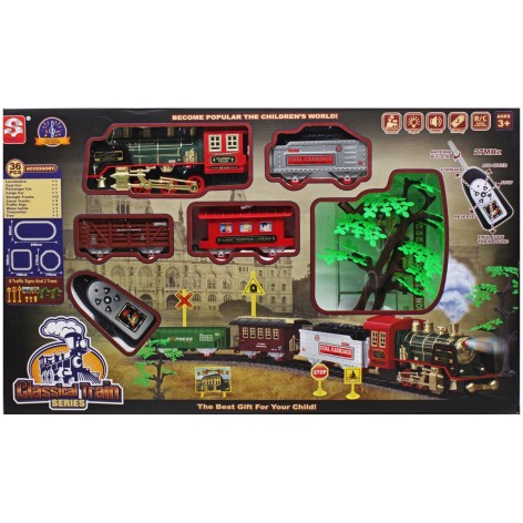 Залізниця на радіокеруванні (звук, підсвічування, парогенератор; локомотив+3 вагони, декорації)