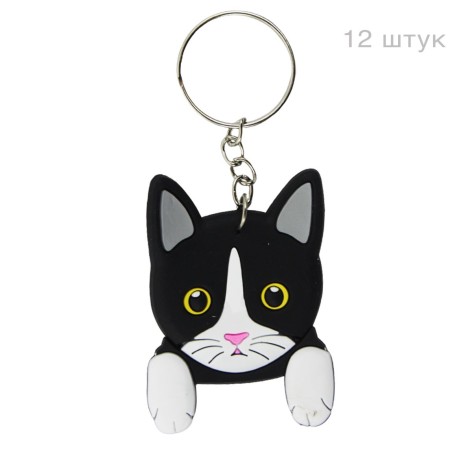 Брелок гумовий голова котика чорний з лапками, 12 штук