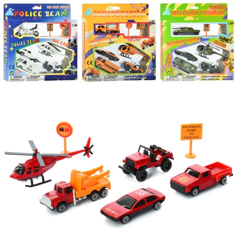 Набір транспорту метал, 5шт, від 6,5см, 4в (1в-поліц, 1в-пожеж), в кор-ці, 19,5-21-3см 