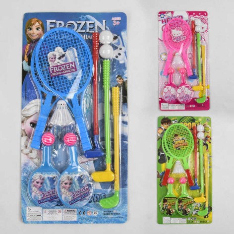 Набір ракеток 3 види, бадмінтон, теніс, гольф, волан, 2 м'ячики, 2 кульки, на листі  /60-2/