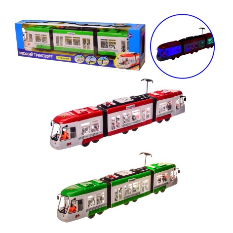Трамвай игрушечный 2 цвета, на батарейках, в коробке – 48.5*8*13.5 см, размер игрушки – 46*5.5*9.5 см