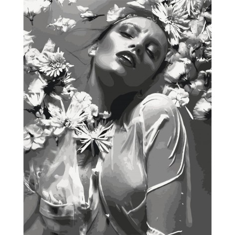 Картина по номерам Девушка в цветах на черно-белом фоне 40*50 см. Оригами LW 30580
