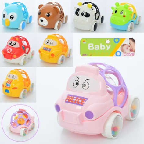 Погремушка машинка-животное 10см, шарик, 8 видов, в п/е, 17,5-17,5-8см 