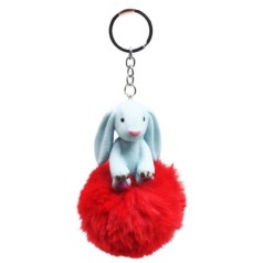 Брелок кролик з хутряною кулькою на браслеті 12 см карміновий