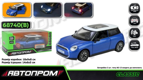 Машина мет. АВТОПРОМ 1:28 MINI COOPER, батар,світло,звук,відкр.двері,кор. 18*9*8см 