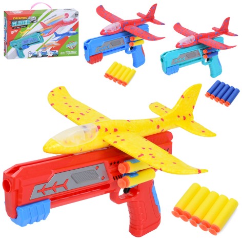 Літак 23см, пінопласт, на запуску(пістолет 24,5см), м'які кулі-присоски 5шт, мікс кольорів, в кор-ці, 29-18,5-5см /48/