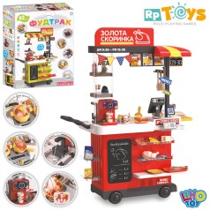 Магазин фаст-фуд, прилавок-возик, 78-30,5-в102см, мийка-ллється вода, каса, кавоварка-ллється вода(механіч), ручки-тріскачки, продукти, гроші, 76дет,на бат-ці, в кор-ці,44-57-17см /4/