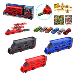 Трейлер іграшковий 3 кольори, 6 видів машин + 9 знаків дорожнього руху, у коробці 40*7,2*15 см
