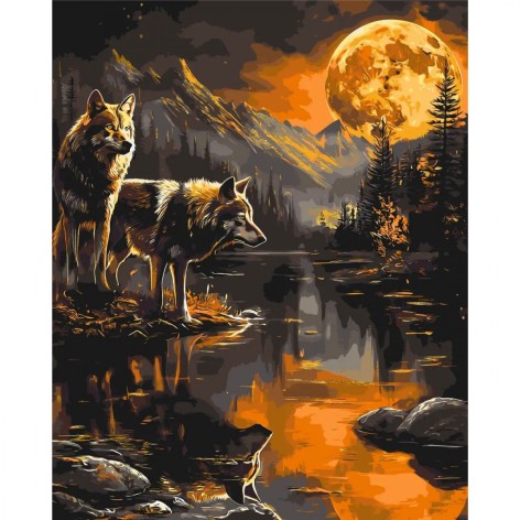Картина за номерами Животні. Пара вовків вночі.
