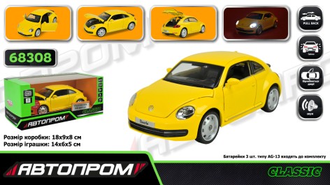 Машина мет. АВТОПРОМ 1:31 Volkswagen The Beetle, батар,світло,звук,відкр.двері,кор. 18*9*8см 