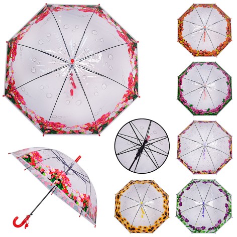 Зонт детский прозрачный с принтом цветы, 6 видов, размер трости 65.5 см, диаметр в раскрытом виде – 76 см