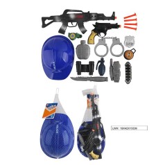 Полицейский набор автомат, пистолет, граната, наручники, нож, шлем, патроны на присоске, в сетке /48-2/