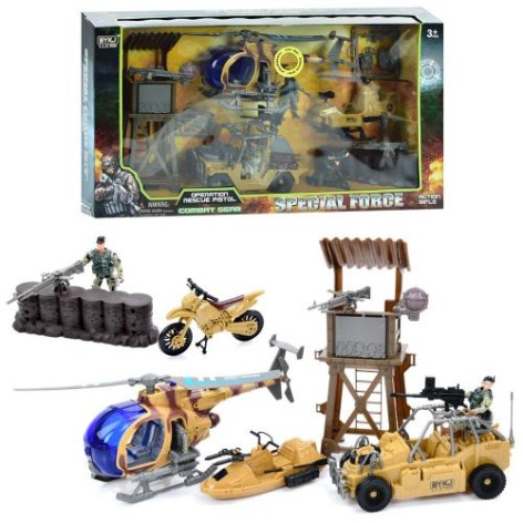 Набор с фигурками военный, транспорт, звук, свет, солдаты, вышка, оружие, 2 вида, бат(табл), в кор-ке, 65-33-11см 
