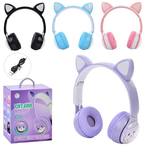 Наушники ушки, акум, свет, Bluetooth, USBзарядное, TFслот, оскалдни, микс цветов, в кор-ке, 14-17-7см 