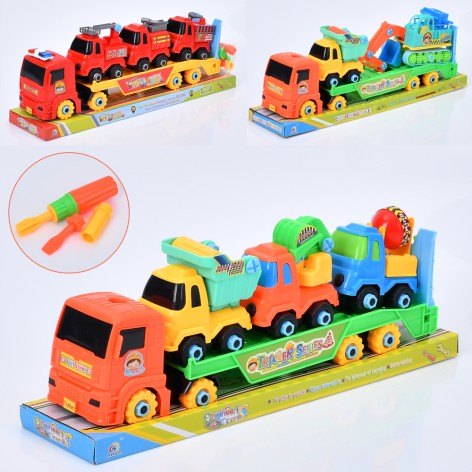 Конструктор на шурупах, трейлер, 39см, машинки від 10см, 3 види, бліст., 43-15-10 см 