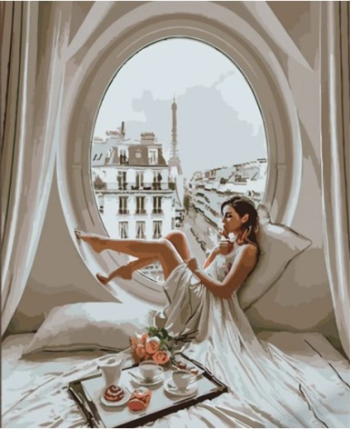 Набір для розпису по номерах Сніданок на фоні Парижу Strateg розміром 40х50 см (HH054)