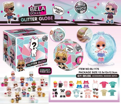 Лялька Bella DollS ляльки з глітерном волоссям + аксесуарами всередині, куля з блискітками, світло, в коробці 12,5*12,5*12 см
