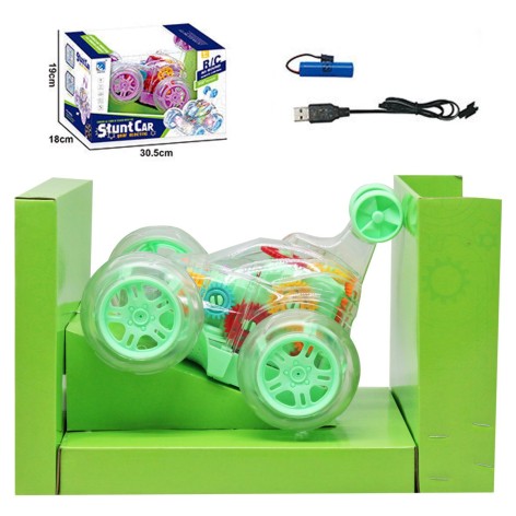 Машина на радиоуправлении 3,7 V, пульт 40 Mhz, перевертыш, подсветка, музыка, вращающаяся колесная ось, шестерни, зеленый