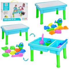 Столик-пісочниця 43-29-25см, лійка, лопатка, граблі, форми, 2види, кор. 44-30-10см 