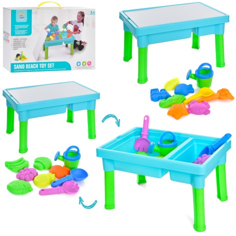 Столик-пісочниця 43-29-25см, лійка, лопатка, граблі, форми, 2види, кор. 44-30-10см 