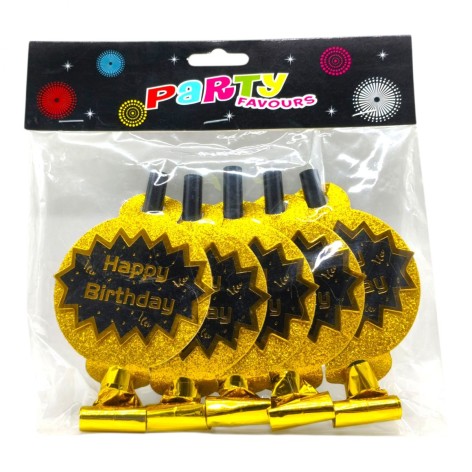 Набор карнавальных фольгированных свистков "Happy Birthday" с кольцом 6 штук (ЗОЛОТИСТЫЙ)