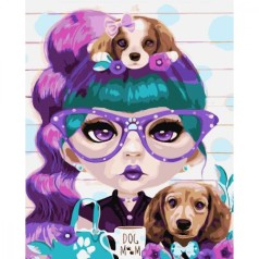 Картина за номерами Модна дівчина разом із цуценятами Strateg з лаком розміром 30х40 см (SS-6430)