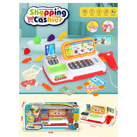 Касовий апарат 22,5см, сканер, звук, світло, возик 11см, продукти, гроші, на бат-ці, в кор-ці, 32-13-13,5см 