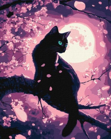 Картина по номерам - "Волшебный кот среди сакуры" с красками металлик ©art_selena_ua, 40х50см