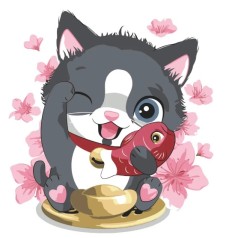 Набор для росписи по номерам Котик с рыбкой Strateg с лаком размером 30х30 см (ES081)