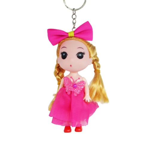 Лялька брелок у малиновій сукні із бантом