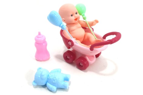 Пупс з візочком та аксесуарами в сітці 13*12*7см 