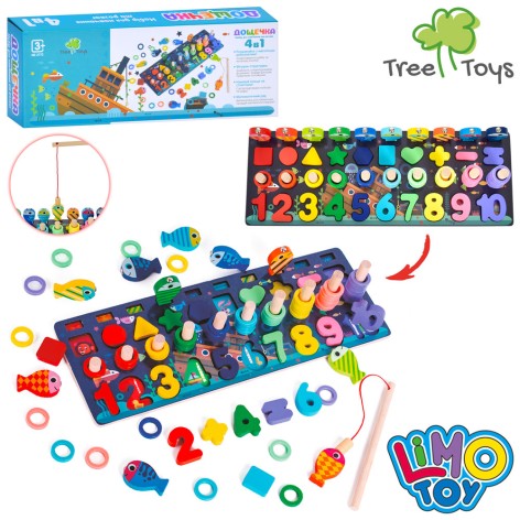 Дерев'яна іграшка Центр розвиваючий 4в1, ігрове поле 36-13,5см, цифри, фігури, рибальство (магнітна, 1 вудка, рибки 10шт), кольорові кільця, в кор-ці, 37-14-7см 