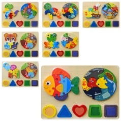 Деревянная игрушка Пазлы игровое поле 30-22,5см, фигурка 1шт-6дет., фигуры 5шт по 2дет, фигуры в коле 8шт, микс видов (животные, динозавры, транспорт, морские обитатели), в п/е, 30-22,5-1см /40/