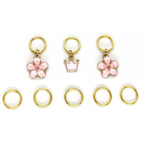 РОЖЕВА КОРОНА ТА КВІТИ - ПІРСИНГ ДЛЯ ВОЛОССЯ, НАБІР (8ШТ), ЕМАЛЬ ЗОЛОТО