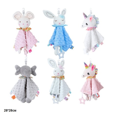 Погремушка подвеска - животное, тактильная ткань, мягкое, с прорезывателем, колокольчиком 6 видов