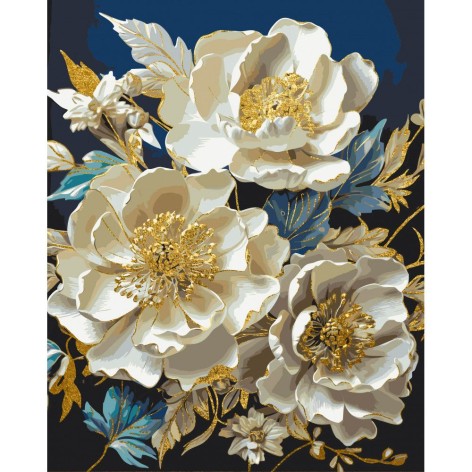 Картина за номерами 50*60 см. Квіти. Білі півонії із золотими фарбами Орігамі LW 30410-big exclusive