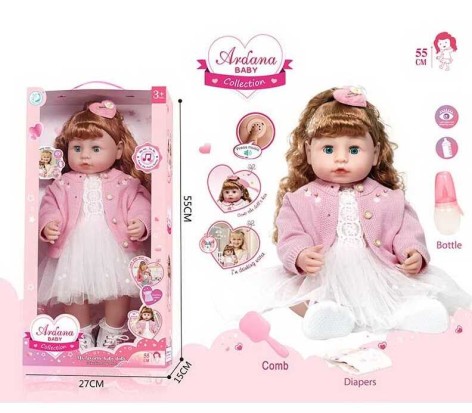 Лялька гумова, висота 52 см, заплющує очі, функціональна, прошите волосся, рухомі кінцівки, пляшечка, памперс, ходить на горщик, щітка для волосся, в кор. /12-2/