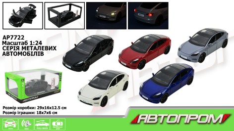 Машина мет. АВТОПРОМ 1:24,5 кольорів, із зарядною станцією, батар, світ., звук, двері відкр., кор.29*16*12,6см 