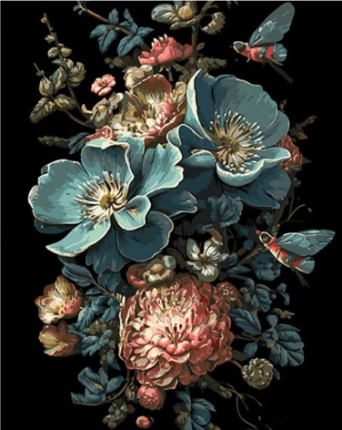 Набір для розпису по номерах Фантастичний букет квітів Strateg на чорному фоні розміром 40х50 см (AH1055)