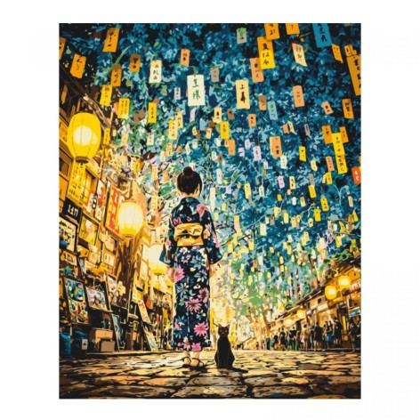 Картина за номерами Японська ніч. Дівчина з котом 40*50 см