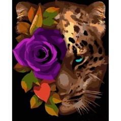 Набір для розпису по номерах Леопард з трояндою Strateg на чорному фоні розміром 40х50 см (AH1002)