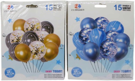 Набор воздушных шаров 15 шт.*30 см=5 шт. металлик + 5 шт. мраморный + 5 шт. с блестками - голубой, золотой (40*10)