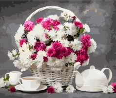 Набір для розпису по номерах Хрезантеми з чайом Strateg розміром 40х50 см (HH040)