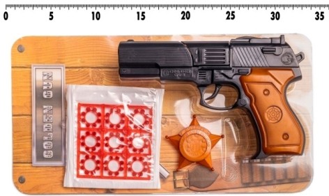 Револьвер з пістонами, в комплекті: 9 пістонів на 8 пострілів, нагрудний значок, розмір ірушки 19*12,5 см, на планшеті