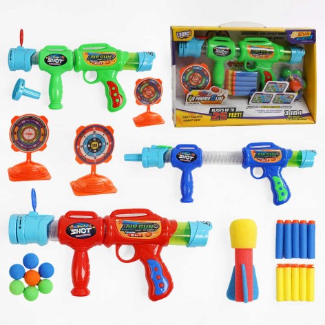 Автомат помповий, 10 м'яких патронів, 6 м'яких кульок та 1 м'який снаряд для стрільби, пластикова мішень, в кор, мікс видів 