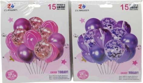 Набір повітряних кульок 15 шт.*30 см=5 шт. металік + 5 шт. мармуровий + 5 шт. з блискітками - рожевий, фіолетовий (40*10)