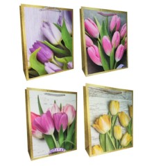 Подарунковий пакет картон 200грм, "Тюльпани" МІКС 4 види, 26*32*10см 6 шт. в уп. 